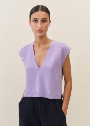 me and em Cashmere V-Neck Cropped Vest in Powder Lavender | women’s luxe knitwear | luxury knitted vests | cap sleeve tank | beautiful split hem tanks