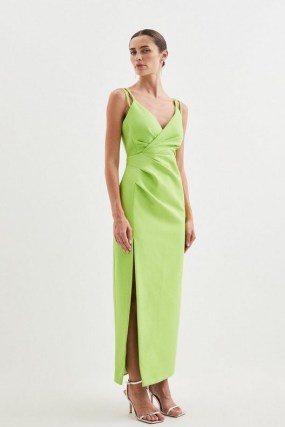 Clean Tailored Strappy Maxi Dress in Lime ~ green sleeveless wrap style bodice occasion dresses ~ long length occasionwear ~ thigh high split hem ~ gathered pleat detail ~ elegant event clothing - flipped
