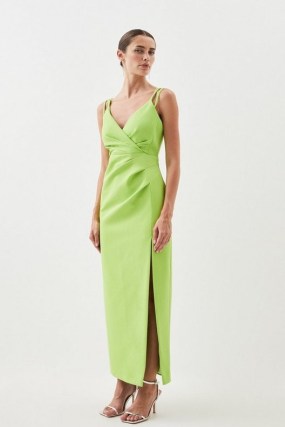 Clean Tailored Strappy Maxi Dress in Lime ~ green sleeveless wrap style bodice occasion dresses ~ long length occasionwear ~ thigh high split hem ~ gathered pleat detail ~ elegant event clothing