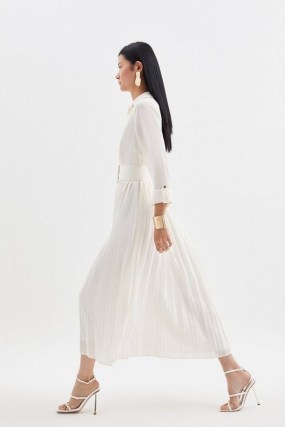KAREN MILLEN Collared Georgette Pleated Belted Midi Dress in Ivory ~ chic dresses with collars - flipped