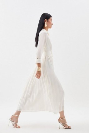 KAREN MILLEN Collared Georgette Pleated Belted Midi Dress in Ivory ~ chic dresses with collars