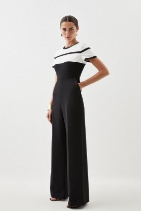 KAREN MILLEN Compact Stretch Contrast Belted Jumpsuit in Mono ~ chic short sleeve monochrome jumpsuits - flipped