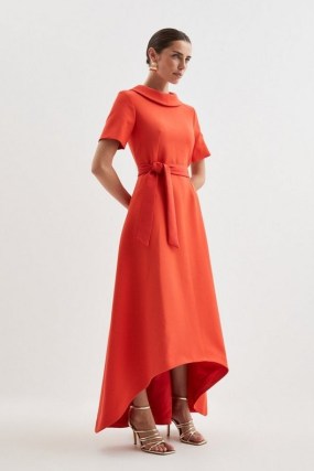 Compact Stretch Roll Neck Belted High Low Midi Dress in Red ~ bright vintage style occasion dresses ~ asymmetric hemline ~ chic retro event clothing ~ sophisticated event clothes - flipped
