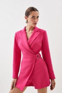 KAREN MILLEN Compact Stretch Tailored Tie Detail Blazer Playsuit in Magenta – belted wrap waist playsuits – women’s jacket inspired clothing