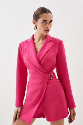 KAREN MILLEN Compact Stretch Tailored Tie Detail Blazer Playsuit in Magenta – belted wrap waist playsuits – women’s jacket inspired clothing