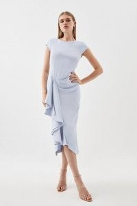 KAREN MILLEN Compact Stretch Viscose Cap Sleeve Drape Detail Midi Dress in Pale Blue ~ draped side waterfall occasion dresses ~ asymmetric evening event clothing