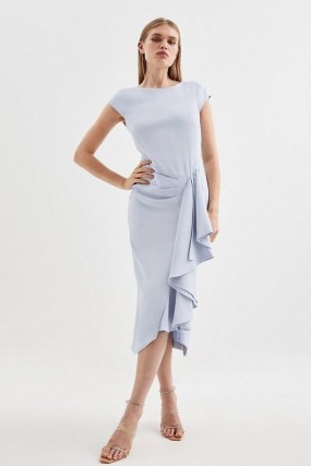 KAREN MILLEN Compact Stretch Viscose Cap Sleeve Drape Detail Midi Dress in Pale Blue ~ draped side waterfall occasion dresses ~ asymmetric evening event clothing - flipped