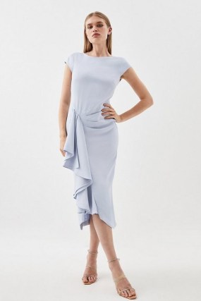 KAREN MILLEN Compact Stretch Viscose Cap Sleeve Drape Detail Midi Dress in Pale Blue ~ draped side waterfall occasion dresses ~ asymmetric evening event clothing
