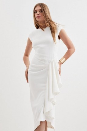 KAREN MILLEN Compact Stretch Viscose Cap Sleeve Drape Detail Midi Dress in Ivory ~ asymmetric occasion dresses with waterfall side ruffle - flipped
