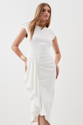 KAREN MILLEN Compact Stretch Viscose Cap Sleeve Drape Detail Midi Dress in Ivory ~ asymmetric occasion dresses with waterfall side ruffle