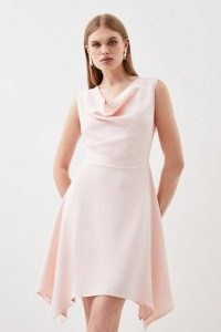 KAREN MILLEN Compact Stretch Viscose Cowl Neck Mini Dress in Blush ~ sleeveless asymmetric hemline party dresses ~ drape neckline ~ pale pink asymmetrical occasion clothing