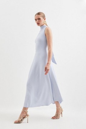 KAREN MILLEN Compact Stretch Viscose High Neck Tie Detail Midi Dress in Pale Blue ~ sleeveless back bow occasion dresses ~ fluid fit and flare - flipped
