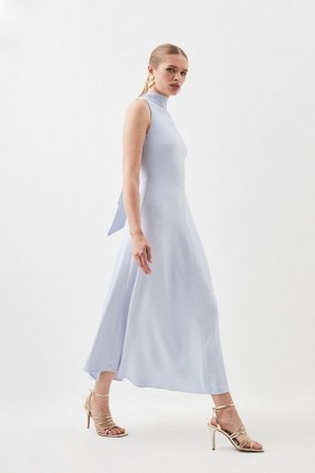 KAREN MILLEN Compact Stretch Viscose High Neck Tie Detail Midi Dress in Pale Blue ~ sleeveless back bow occasion dresses ~ fluid fit and flare