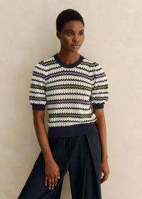 me and em Cotton Stripe Chevron Pouf Sleeve T-Shirt in Navy Multi – knitted puff sleeve tops – striped knits