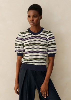 me and em Cotton Stripe Chevron Pouf Sleeve T-Shirt in Navy Multi – knitted puff sleeve tops – striped knits - flipped
