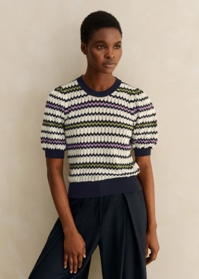 me and em Cotton Stripe Chevron Pouf Sleeve T-Shirt in Navy Multi – knitted puff sleeve tops – striped knits