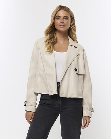 RIVER ISLAND CREAM FAUX LEATHER CROP TRENCH COAT ~ women’s cropped coats ~ womens on-trend jackets - flipped