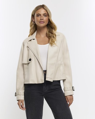 RIVER ISLAND CREAM FAUX LEATHER CROP TRENCH COAT ~ women’s cropped coats ~ womens on-trend jackets