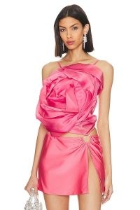 Cult Gaia Rosa Top in Rosado ~ pink taffeta oversized rosette detail tops ~ silk floral occasion fashion ~ strappy tie back detail ~ glamorous silky party clothes