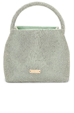 Cult Gaia Solene Mini Bag in Pale Sage ~ small green crystal covered evening bags ~ embellished party handbag ~ glamorous occasion top handle handbags - flipped