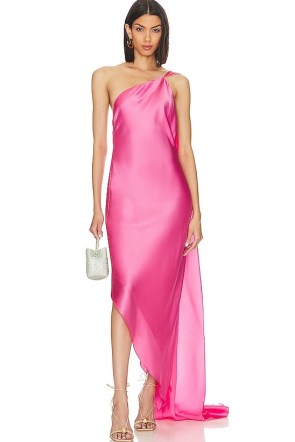 Cult Gaia Trysta Dress in Rosado ~ rose pink one shoulder maxi dresses ~ asymmetric occasion gown ~ lightweight flowy charmeuse fabric evening gowns ~ feminine event wear - flipped