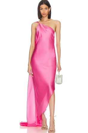 Cult Gaia Trysta Dress in Rosado ~ rose pink one shoulder maxi dresses ~ asymmetric occasion gown ~ lightweight flowy charmeuse fabric evening gowns ~ feminine event wear