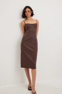 NA-KD Cups Details Midi Dress in Brown ~ strappy bust cup detail dresses