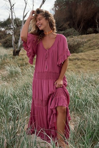 free-est Dream On Maxi Dress in Soothing Petals / feminine oversized boho dresses / embroidered panels / dropped flutter sleeves / bohemian fashion - flipped