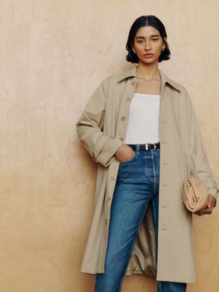 Reformation Danni Oversized Trench in Khaki | women’s collared relaxed fit coats - flipped
