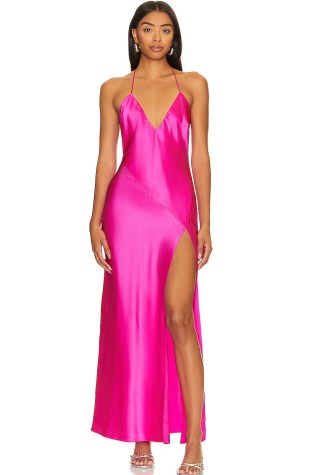 DANNIJO Halter Maxi Dress in Hot Fuschia | strappy pink silk thigh high split hem dresses | skinny shoulder strap occasion clothes | plunge front evening fashion | plunging neckline - flipped
