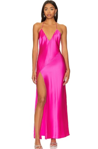 DANNIJO Halter Maxi Dress in Hot Fuschia | strappy pink silk thigh high split hem dresses | skinny shoulder strap occasion clothes | plunge front evening fashion | plunging neckline