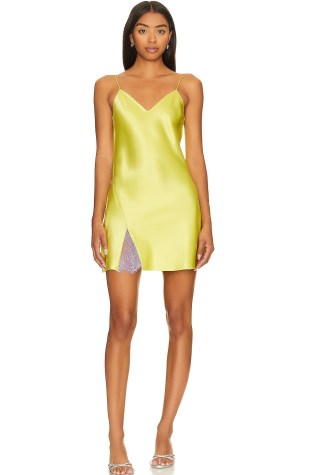 DANNIJO Mini Slip Dress in Chartreuse | yellow green silk cami shoulder strap mini dresses | lace panel | silky strappy evening fashion - flipped