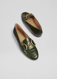 Daphne Green Croc-Effect Leather Loafers ~ women’s luxe front snaffle loafer ~ womens crocodile embossed flats ~ flat shoes with horsebit detail