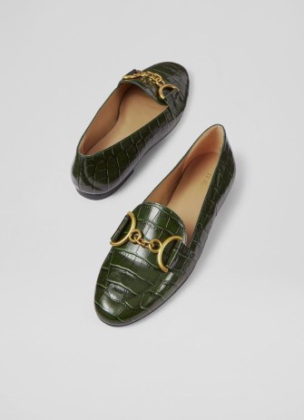 Daphne Green Croc-Effect Leather Loafers ~ women’s luxe front snaffle loafer ~ womens crocodile embossed flats ~ flat shoes with horsebit detail - flipped