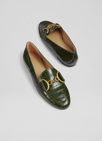 Daphne Green Croc-Effect Leather Loafers ~ women’s luxe front snaffle loafer ~ womens crocodile embossed flats ~ flat shoes with horsebit detail