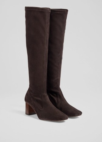 L.K. BENNETT Davina Chocolate Stretch Suede Knee-High Boots ~ women’s dark brown autumn footwear - flipped