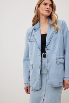 NA-KD Denim Blazer in Blue ~ women’s oversized single breasted blazers ~ womens casual relaxed fit jackets - flipped