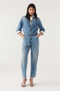 ba&sh frida DENIM JUMPSUIT in Blue | collared belted waist jumpsuits | women’s all-in-one utility clothing