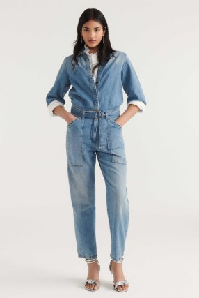 ba&sh frida DENIM JUMPSUIT in Blue | collared belted waist jumpsuits | women’s all-in-one utility clothing - flipped