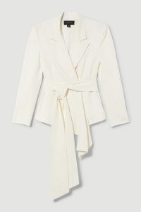 KAREN MILLEN Drape Detail Belted Soft Blazer in Ivory ~ chic off white asymmetric blazers ~ draped wrap belt jackets ~ women’s contemporary asymmetrical clothing