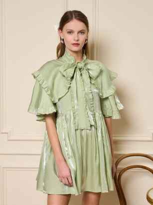 sister jane THE MADELEINE MOMENT Cheri Bow Mini Dress in Pistachio Green ~ shimmering ruffled relaxed fit dresses ~ occasion fashion with an oversized neck tie detail ~ romantic party clothes - flipped