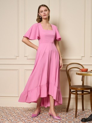 sister jane THE MADELEINE MOMENT Noisette Flare Midi Dress in Geranium Pink ~ angel sleeve square neck dip hem dresses ~ tiered hemline ~ flowing fashion ~ feminine cut out open back detail clothes - flipped