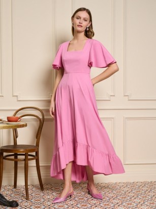 sister jane THE MADELEINE MOMENT Noisette Flare Midi Dress in Geranium Pink ~ angel sleeve square neck dip hem dresses ~ tiered hemline ~ flowing fashion ~ feminine cut out open back detail clothes