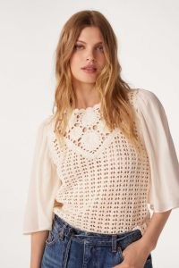 ba&sh FORLI Dual-material jumper in Ecru | part crochet jumpers | knitted panel tops with wide floaty sleeves | feminine boho knits