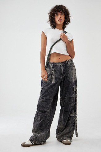 BDG Black Strappy Baggy Cargo Pants ~ women’s relaxed utility jean ~ womens pocket and strap detail jeans ~ casual utilitarian denim fashion