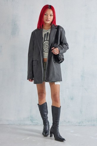 UO Faux Leather Midi Blazer in Black ~ women’s 90s grunge inspired blazer ~ womens longline single button relaxed fit jackets - flipped