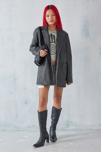 UO Faux Leather Midi Blazer in Black ~ women’s 90s grunge inspired blazer ~ womens longline single button relaxed fit jackets