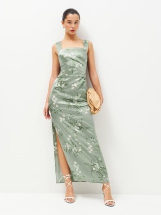 Reformation Earl Silk Dress in Bonita | green sleeveless floral print maxi dresses | luxe ruched detail occasion fashion | luxury evening event clothing | feminine party clothes | high side slit - flipped
