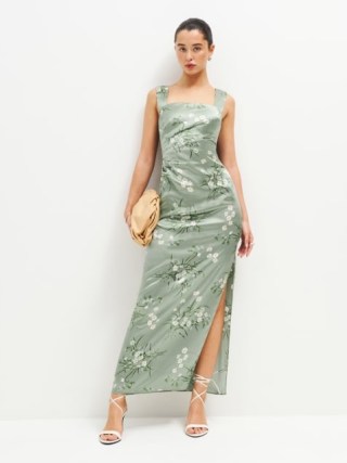Reformation Earl Silk Dress in Bonita | green sleeveless floral print maxi dresses | luxe ruched detail occasion fashion | luxury evening event clothing | feminine party clothes | high side slit