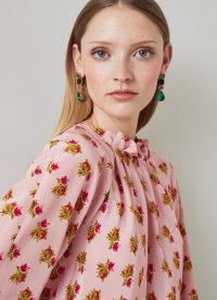 L.K. BENNETT Edeline Pink And Red Rosebud Print Silk Top ~ silky floral ruffle neck tops ~ luxe blouses